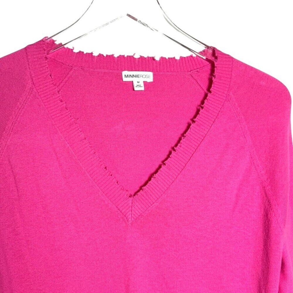 Minnie Rose  V-Neck Sweater Size Medium hot Pink Cashmere blend Frayed Edge - Picture 3 of 8